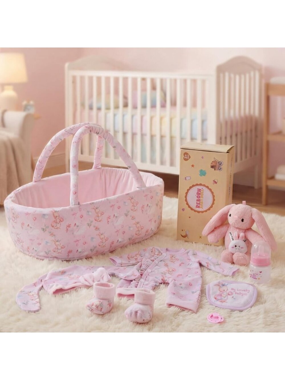 8pc Doll Clothes Set Foldable Bassinet Bunny for 12-15in Baby Doll